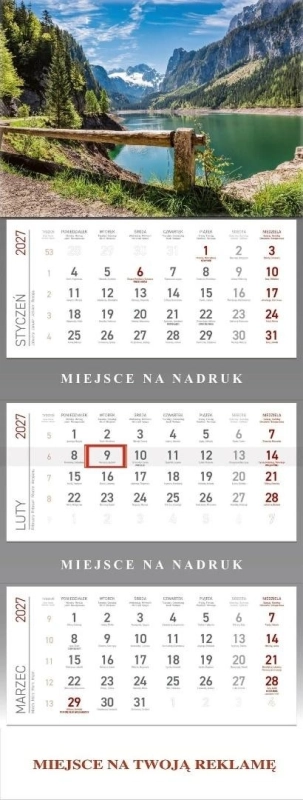 Kalendarz 2027 trójdzielny Górskie jezioro