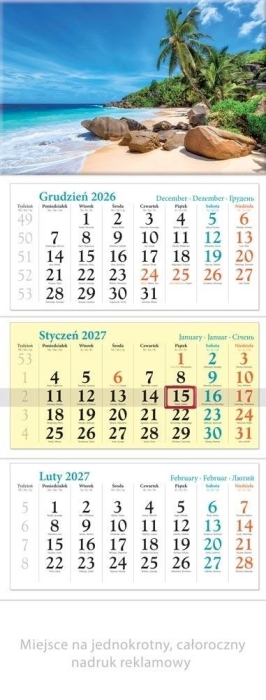 Kalendarz 2027 trójdzielny Wakacje