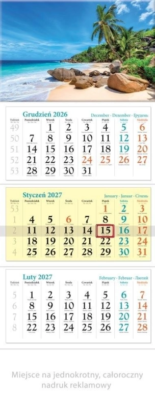 Kalendarz 2027 trójdzielny Wakacje