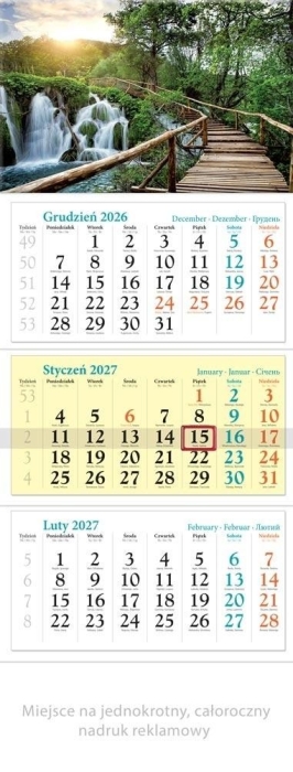 Kalendarz 2027 trójdzielny Wodospad