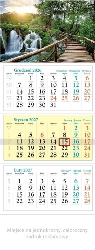 Kalendarz 2027 trójdzielny Wodospad