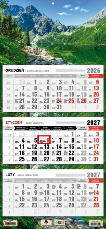 Kalendarz 2027 trójdzielny Tatry Morskie Oko