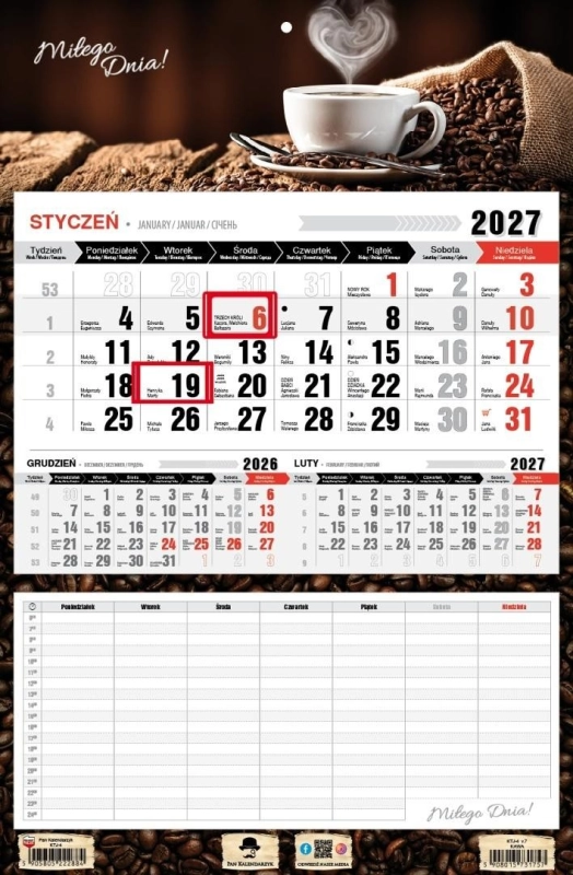 Kalendarz 2027 jednodzielny z planem zajęć kawa