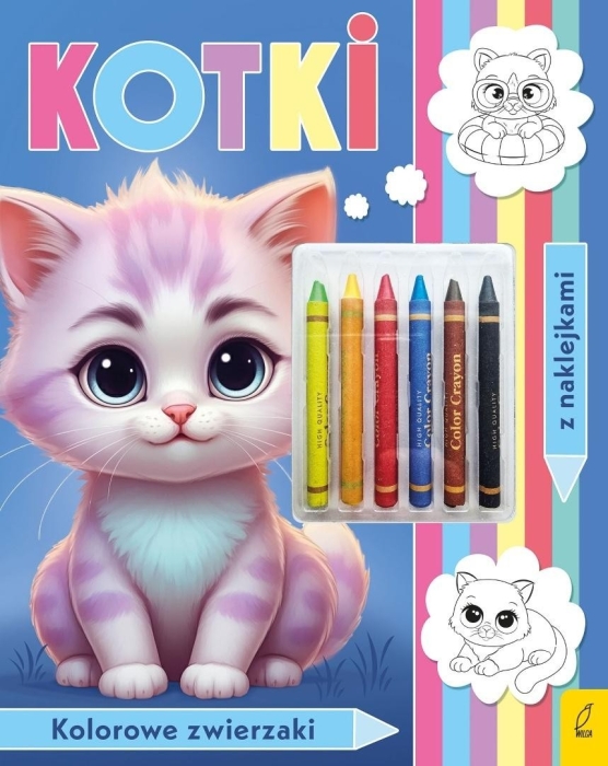 Kolorowanka z kredkami. Kolorowe zwierzaki. Kotki