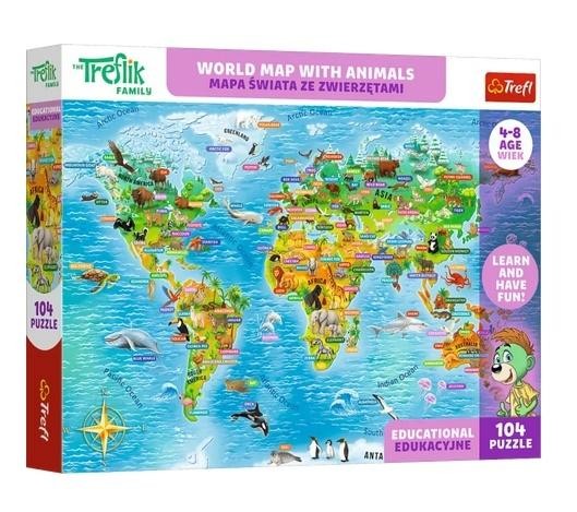 Puzzle 104 Trefliki Mapa świata Zwierzęta TREFL